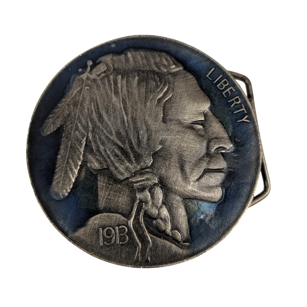 Vintage Indiana Metal Craft Belt Buckle Blue Good Buffalo Nickel 1913 AC13 IMC